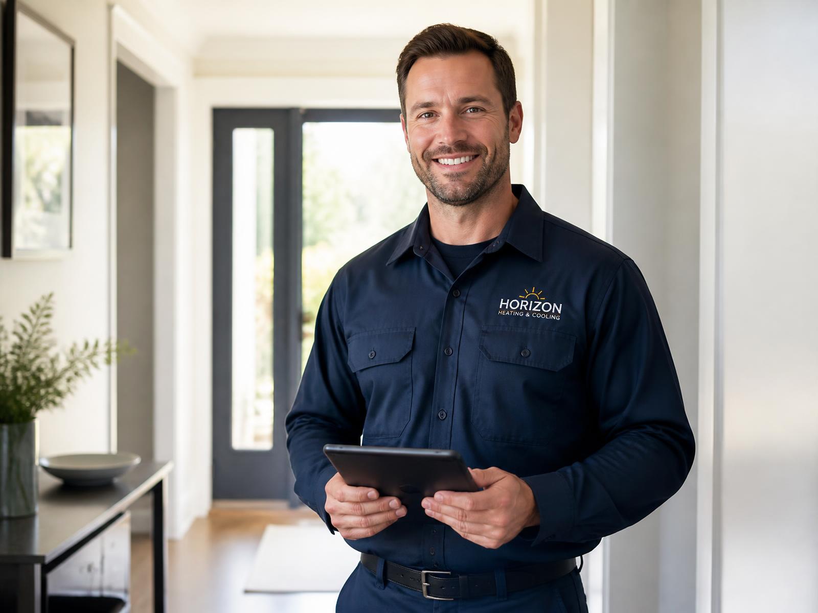 Tradesperson with a tablet in a bright home hallway